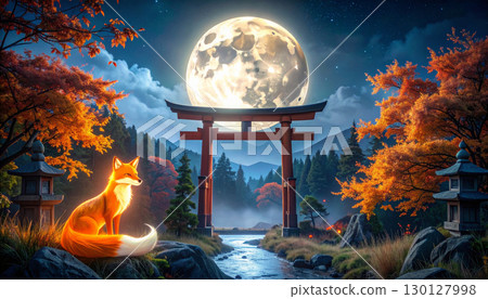 A fantasy fox standing at a torii gate under a full moon 130127998