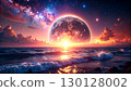 A planet sinking in the distance of space and the ocean at sunset 130128002