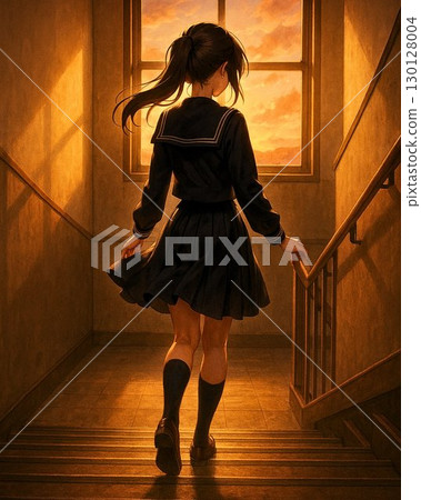 Back view of a female student descending the stairs of a school building at dusk 130128004