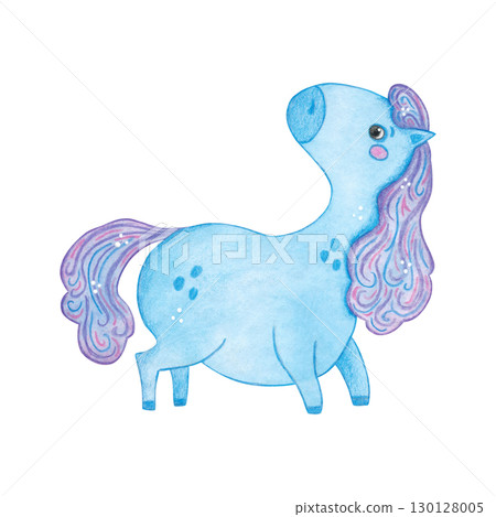 Blue horse full-length, cartoon character. Symbol of the new 2026 year. Watercolor illustration drawn by hand. Drawing template for postcards, stickers, posters, scrapbooking. Chinese horoscope Blue horse full-length, cartoon character. Symbol of the new 2026 year. Watercolor illustration drawn by hand. Drawing template for postcards, stickers, posters, scrapbooking. Chinese horoscope 130128005