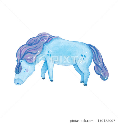 Blue horse with his head bent. Symbol of the new year 2026. Watercolor illustration drawn, cartoon. Drawing for stickers, scrapbooking, postcards. Horse, blue, new year, symbol, mane, animal, fairy  130128007