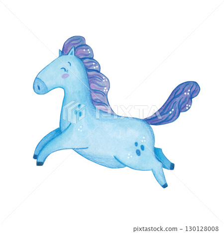 A galloping blue horse with a purple mane. Symbol of the new year 2026. Watercolor illustration drawn, cartoon. Drawing for stickers, scrapbooking, postcards. Horse, blue, new year, symbol, mane A galloping blue horse with a purple mane. Symbol of the new year 2026. Watercolor illustration drawn, cartoon. Drawing for stickers, scrapbooking, postcards. Horse, blue, new year, symbol, mane 130128008