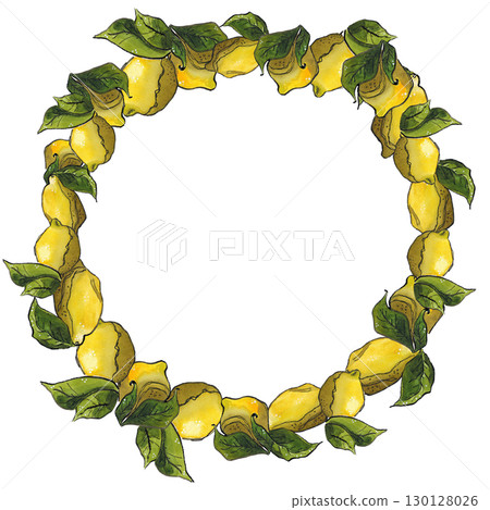Round frame made of lemons and branches with leaves. Hand drawn illustration with watercolor and ink. Drawing for design of cards, fabric, paper. Fruit, citrus, yellow, graphic, branch, leaf, green 130128026