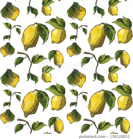Seamless pattern of lemons and branches with leaves. Hand drawn illustration with watercolor and ink. Drawing for design of cards, fabric, paper. Fruit, citrus, yellow, graphic, branch, leaf, green 130128031