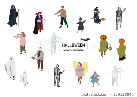 人們享受萬聖節服裝的等距插圖,等距 人們享受萬聖節服裝的等距插圖,等距 130128045