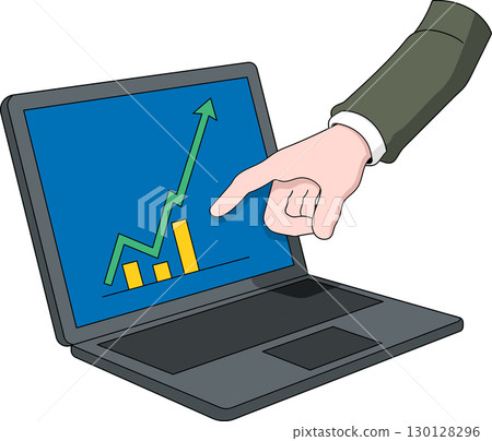 Business Hand Pointing at Growth Chart on Laptop Illustration Business Hand Pointing at Growth Chart on Laptop Illustration 130128296