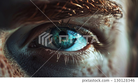 A stunning close-up of an eye displaying vibrant shades of blue and intricate details 130128346
