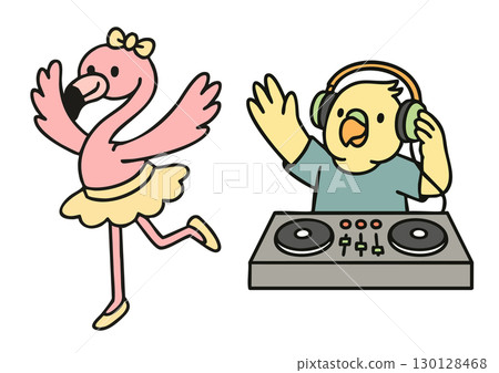 A cute illustration of a flamingo ballerina and a parakeet DJ 130128468