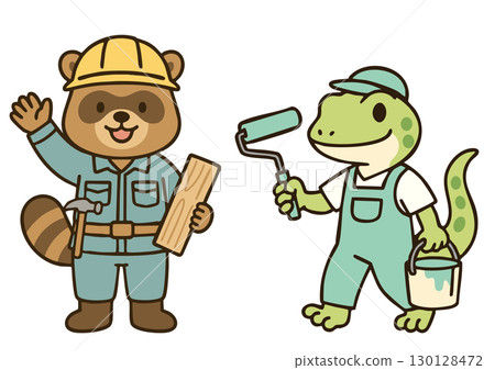 Illustration of a raccoon carpenter and a gecko painter working 130128472