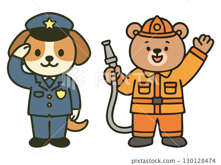 一隻狗警察和一隻熊消防員的可愛插圖 130128474