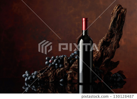 Bottle of red wine with an old snag and blue grapes. 130128487