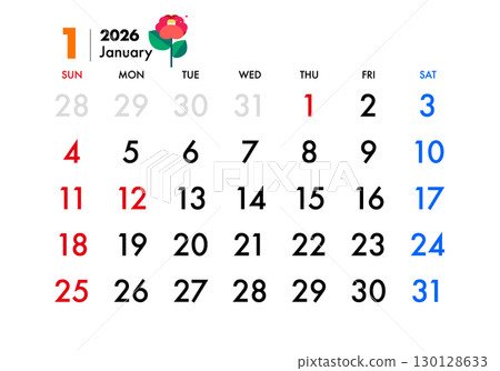 2026 calendar, January 130128633