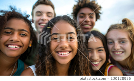 A joyful group of diverse friends sharing smiles and laughter against a bright sky 130128956