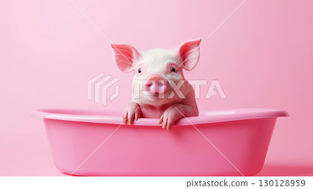 A playful piglet relaxes in a pink tub against a soft pink backdrop 130128959