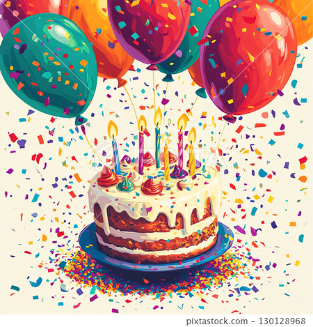 Colorful birthday cake adorned with candles, surrounded by vibrant balloons and confetti, creating a festive atmosphere for celebration and joy 130128968
