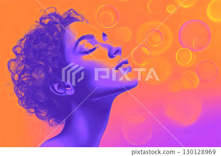 A captivating blend of colors and emotions, this artwork features a serene woman 130128969