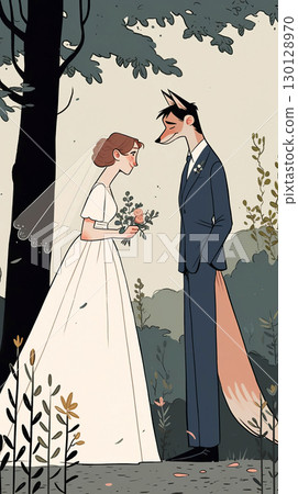 Illustration of a bride in a white gown and a groom with fox features standing together in a lush forest, surrounded by greenery, capturing a whimsical wedding moment 130128970