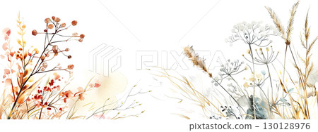Elegant watercolor illustration featuring delicate florals and grasses 130128976