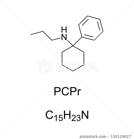 PCPr, chemical formula and molecular structure. Anesthetic drug with hallucinogenic and stimulant effects, been sold as a designer drug in Germany and other European countries since the late 1990s. 130129027