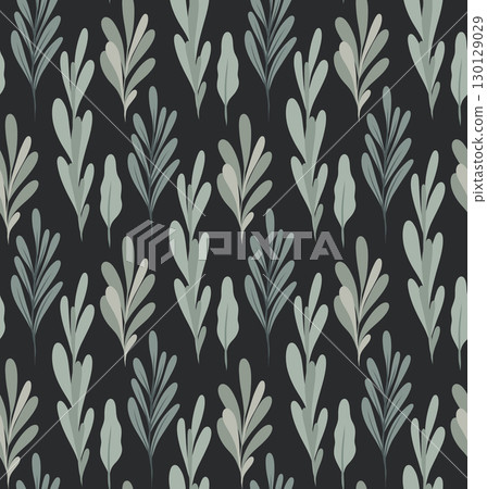 Vector seamless pattern with naive hand drawn green leaves on dark gray background. Minimal nature texture 130129029