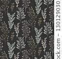 Vector seamless scandi pattern with twigs on dark background. Nature texture with stems with stems and leaves in pastel soft colors 130129030