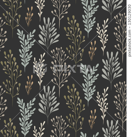 Vector seamless scandi pattern with twigs on dark background. Nature texture with stems with stems and leaves in pastel soft colors Vector seamless scandi pattern with twigs on dark background. Nature texture with stems with stems and leaves in pastel soft colors 130129030