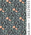 Vector seamless pattern with delicate flowers and green leaves in flat style. Tracery blooming texture on gray background. 130129035