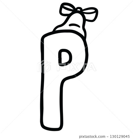 Hand drawn Christmas alphabet outline of letter P with Christmas bell for festive font, typography, winter season, campaign badge, initials, name, patch, calligraphy, sticker, cartoon text, message 130129045