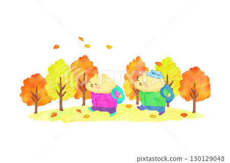 可愛的貓咪享受秋季健行 — 水彩插圖 130129048