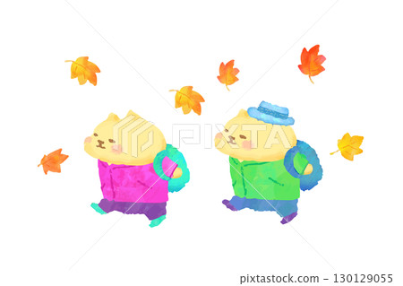 Cute cat enjoying an autumn hike - watercolor illustration 130129055