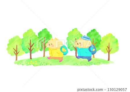 新鮮的綠葉,可愛的貓咪享受健行,水彩畫 新鮮的綠葉,可愛的貓咪享受健行,水彩畫 130129057