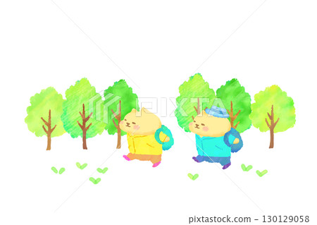 新鮮的綠葉,可愛的貓咪享受健行,水彩畫 新鮮的綠葉,可愛的貓咪享受健行,水彩畫 130129058