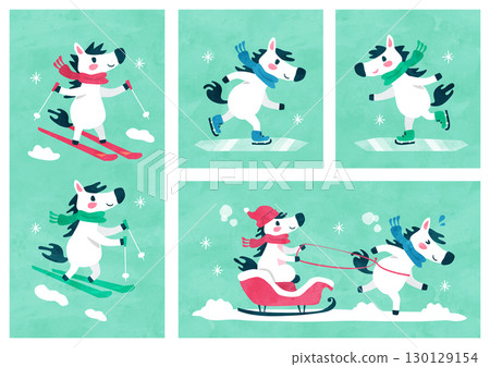 馬（Uma）卡片插圖冬季活動（滑雪、滑冰、雪橇）水彩風格 130129154