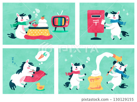 馬(Uma)卡片插圖新年風景(被爐、搗年糕、新年卡片、新年睡眠)水彩風格 馬(Uma)卡片插圖新年風景(被爐、搗年糕、新年卡片、新年睡眠)水彩風格 130129155
