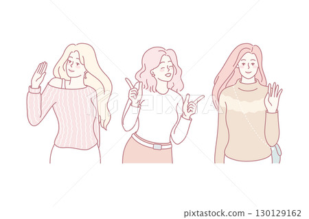 Smiling diverse women waving hands and greeting 130129162