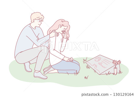 Sad couple crying at pet gravestone Sad couple crying at pet gravestone 130129164