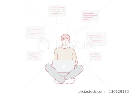 Smiling software engineer writing codes on computer 130129183