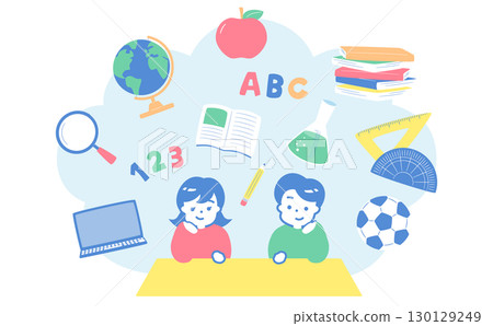 Illustration of children studying, representing elementary school extracurricular activities, cram schools, and school education_children's enrollment, enrollment, new semester scene 130129249