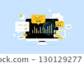 Business intelligence tools with interactive analytics dashboard, charts and magnifying glass. Business performance metrics and digital insights for kpi strategic decision making vector illustration 130129277