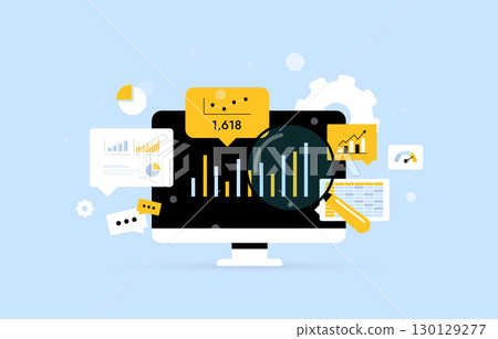 Business intelligence tools with interactive analytics dashboard, charts and magnifying glass. Business performance metrics and digital insights for kpi strategic decision making vector illustration Business intelligence tools with interactive analytics dashboard, charts and magnifying glass. Business performance metrics and digital insights for kpi strategic decision making vector illustration 130129277