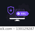 SSL security with Secure Sockets Layer protocol. HTTPS encryption, online privacy, web data protection, website security and safe internet connection for trusted browsing. Flat vector illustration 130129287