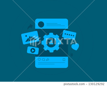 Customer behavior analytics with social media content, feedback ratings and engagement icons around user profile. Customer behavior analytics and digital social media strategy vector illustration 130129292
