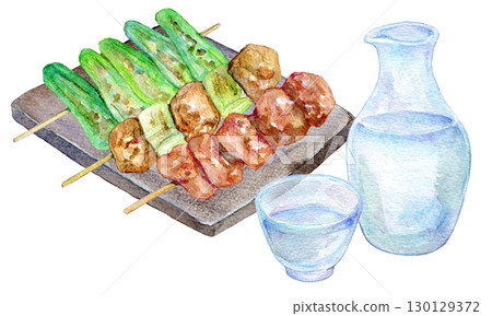 水彩插畫:冷酒與烤雞肉串 水彩插畫:冷酒與烤雞肉串 130129372