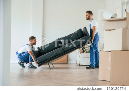 Holding heavy sofa. Two moving service employees in a room 130129754