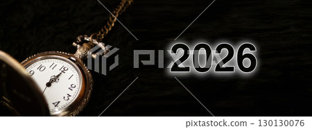 vintage pocket watch New Year 2026. old watch new year background. passing of time 2026 concept. 2026 number time passing. black background old pocket watch 130130076