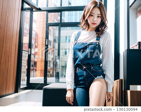 坐在咖啡館裡的年輕女子 130130094