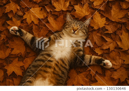 Autumn scene of a cat sleeping comfortably on fallen leaves Autumn scene of a cat sleeping comfortably on fallen leaves 130130646