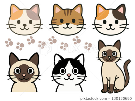 一組可愛的貓咪錶情和爪印插圖 130130690