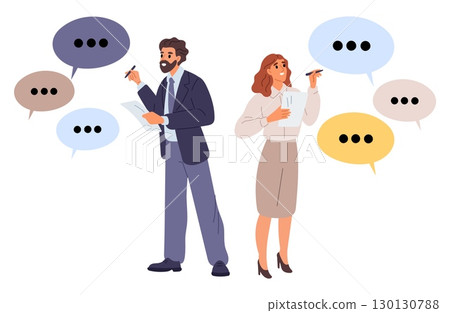 Woman and man record clients request or opinion for discussion and consideration. Customers feedback. People with speech bubbles. Service questionnaire. Business survey. Vector concept Woman and man record clients request or opinion for discussion and consideration. Customers feedback. People with speech bubbles. Service questionnaire. Business survey. Vector concept 130130788