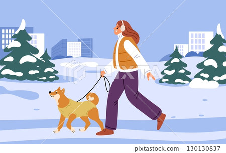 Young girl in winter clothes walking with dog in snowy city park. Urban streets stroll. Domestics doggy animal at leash. Pet owner. Young woman together with puppy outdoor. Vector concept Young girl in winter clothes walking with dog in snowy city park. Urban streets stroll. Domestics doggy animal at leash. Pet owner. Young woman together with puppy outdoor. Vector concept 130130837